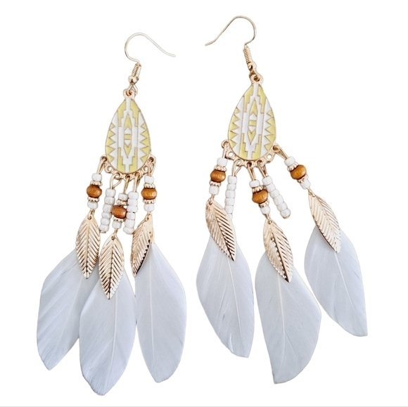 Gold & white Boho feather earrings beaded tassel long drop festival 💖2/$30 - Picture 5 of 11